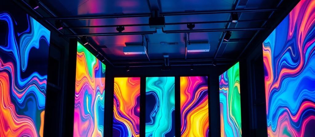 Colorful backlit vinyl displays illuminating a space.