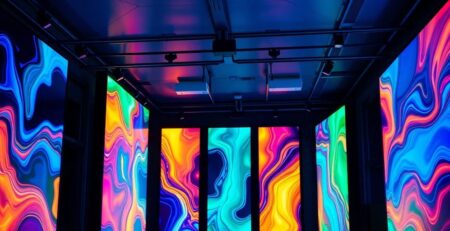 Colorful backlit vinyl displays illuminating a space.