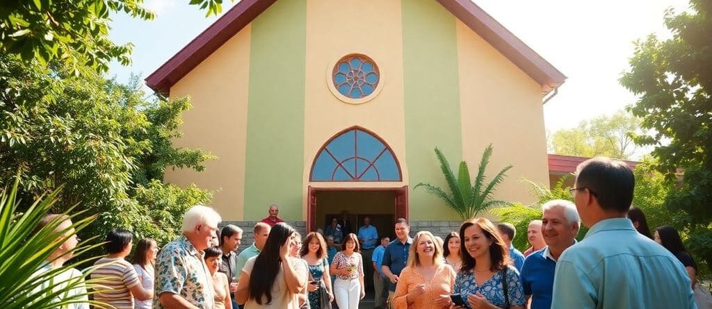 Colorful church with people engaging in a community setting.