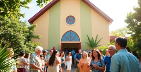 Colorful church with people engaging in a community setting.