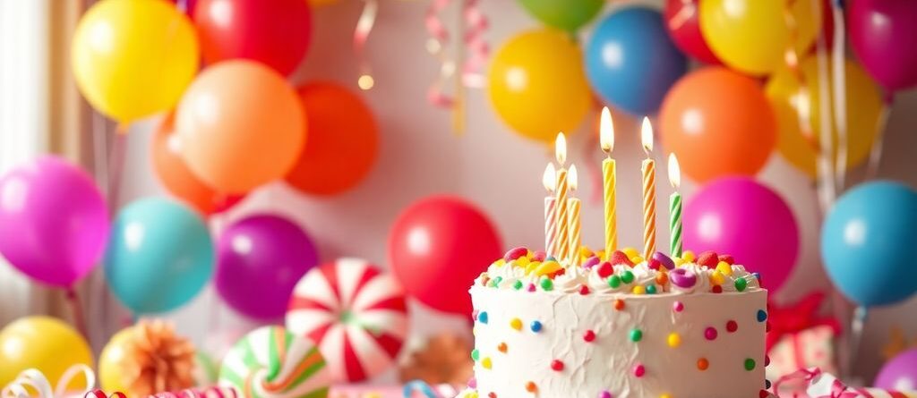 Colorful birthday decorations with balloons and cake.