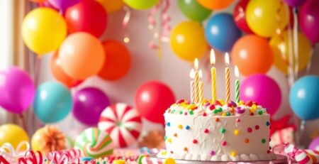 Colorful birthday decorations with balloons and cake.