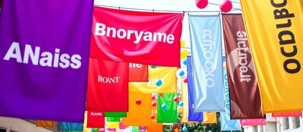 Colorful banners displayed at an event setting.
