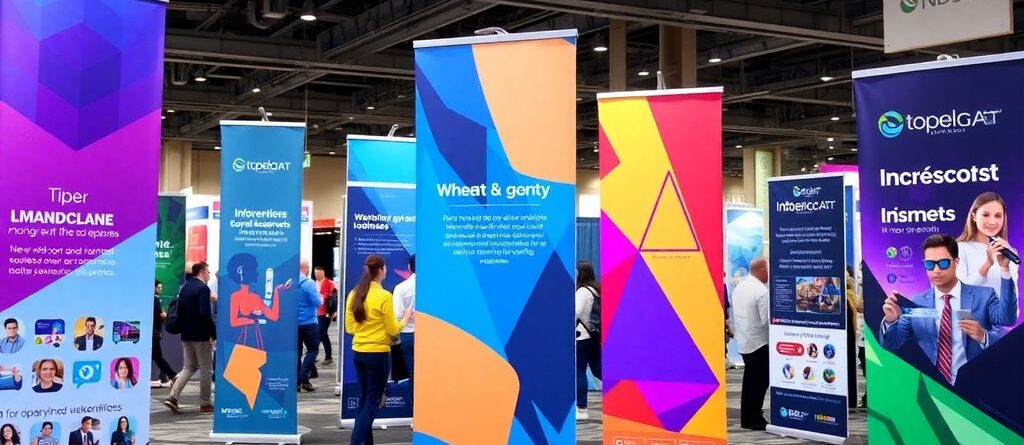 Colorful retractable banners at a bustling event venue.