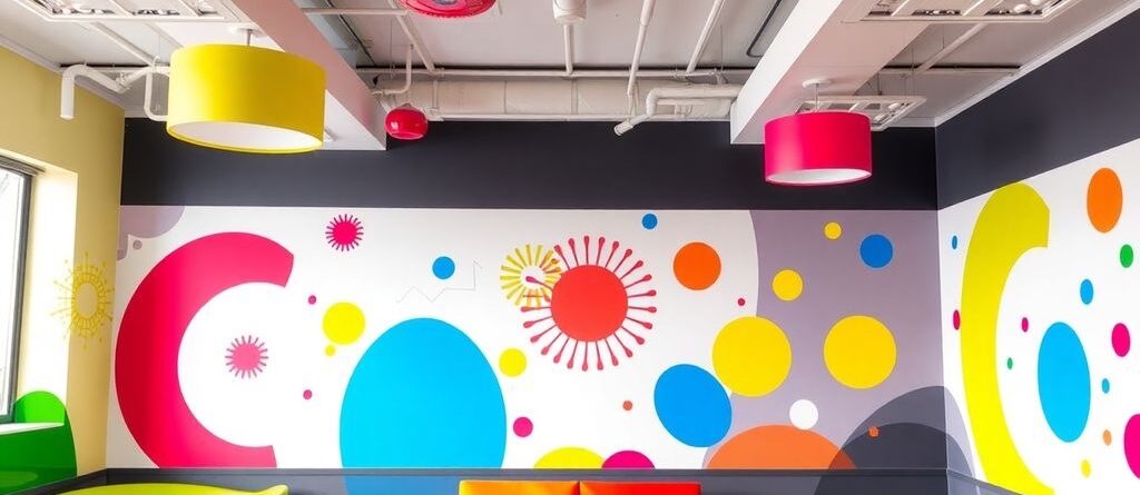 Colorful vinyl decor in a vibrant modern interior space.