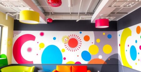 Colorful vinyl decor in a vibrant modern interior space.
