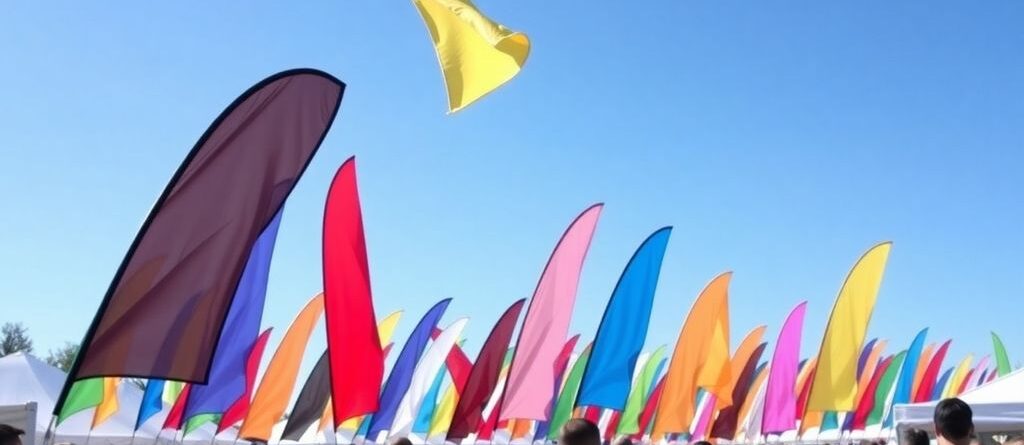 Colorful teardrop flags at a lively outdoor event.