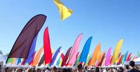 Colorful teardrop flags at a lively outdoor event.
