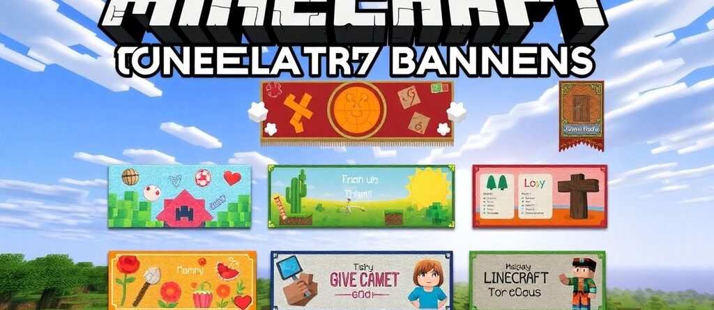 Colorful Minecraft banners in a scenic landscape.