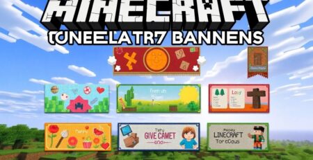 Colorful Minecraft banners in a scenic landscape.