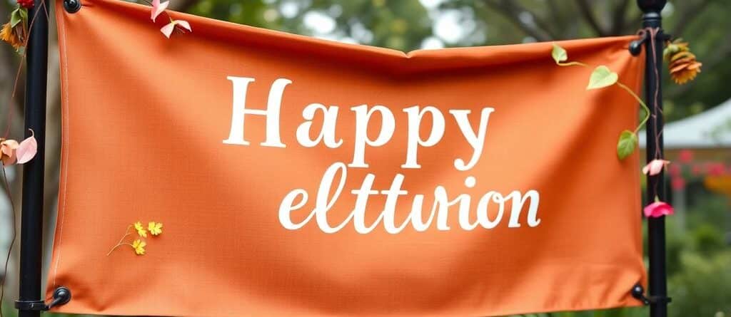 Brown banner with floral accents in a garden setting.