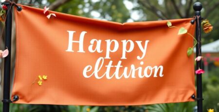 Brown banner with floral accents in a garden setting.