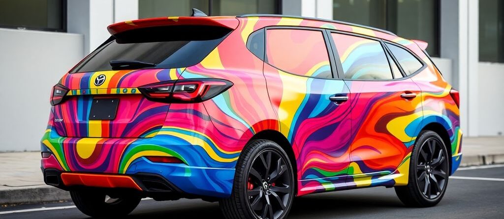 Colorful vinyl wrap on a car in urban setting.