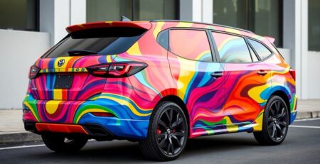 Colorful vinyl wrap on a car in urban setting.