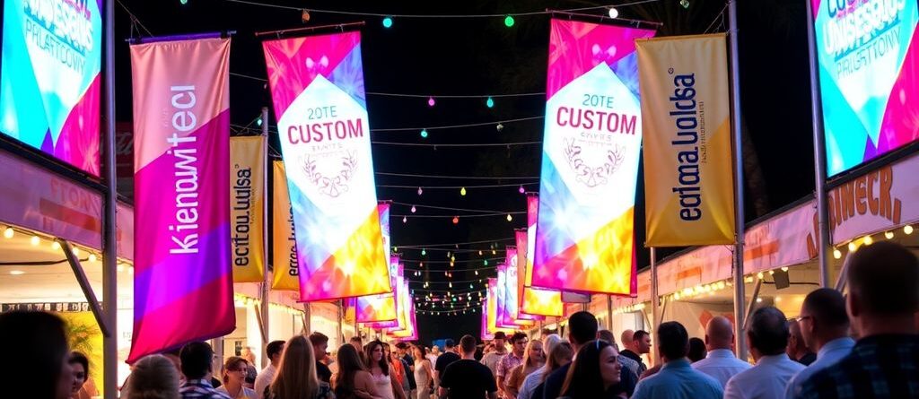 Colorful custom vinyl banners at a lively outdoor event.