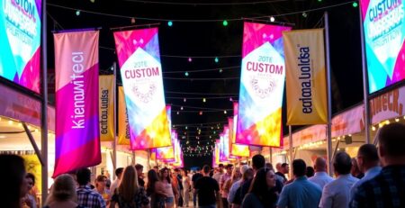 Colorful custom vinyl banners at a lively outdoor event.