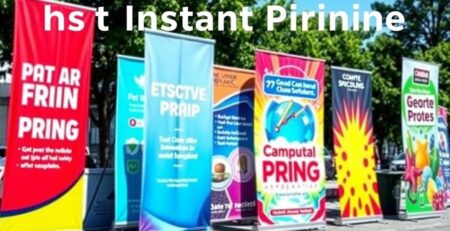 Colorful banners displayed outdoors in bright sunlight.