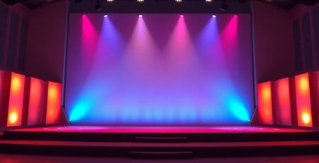 Modern church stage with creative lighting.