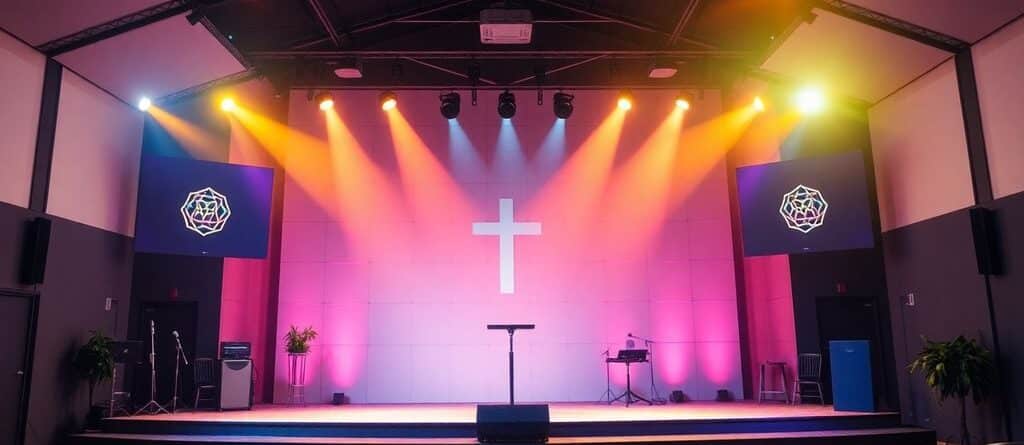 Modern small church stage with stylish decor and lighting.