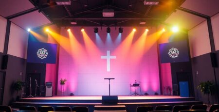 Modern small church stage with stylish decor and lighting.