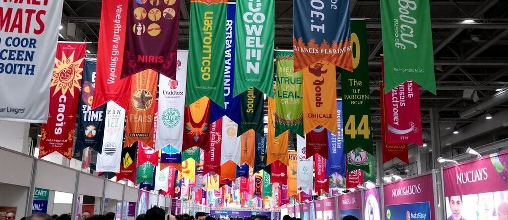 Colorful event banners displayed at a lively venue.