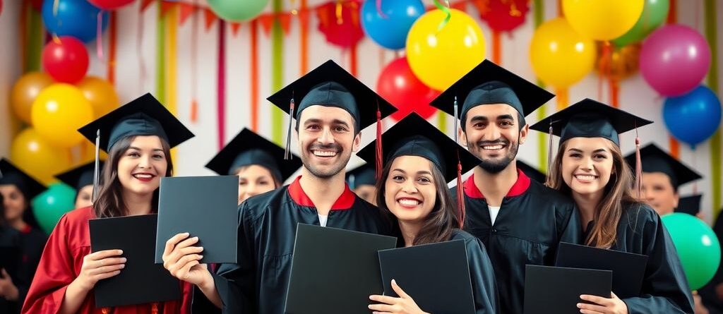 Joyful graduates in caps and gowns celebrating their achievement.
