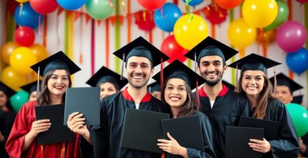 Joyful graduates in caps and gowns celebrating their achievement.