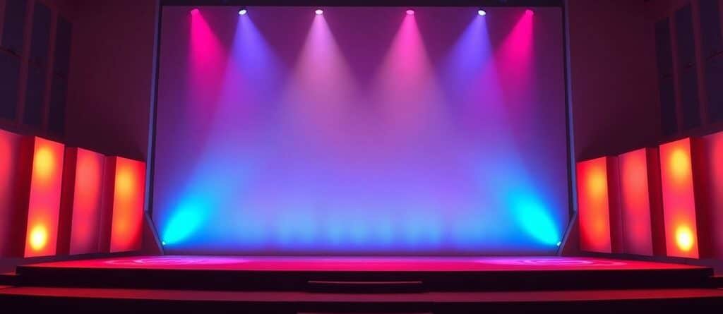 Modern church stage with creative lighting.