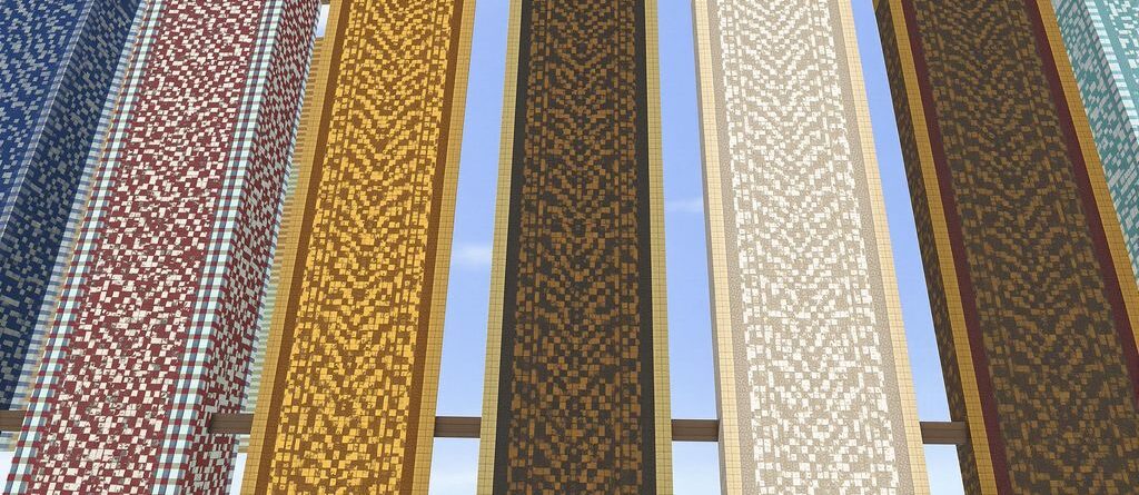 Minecraft banners with diverse, vibrant patterns.
