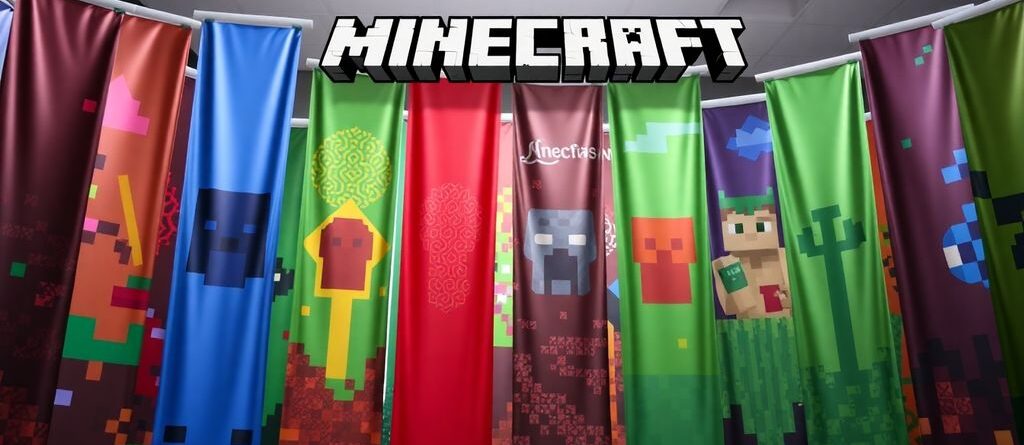 Colorful Minecraft banners with various designs.