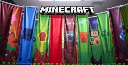Colorful Minecraft banners with various designs.