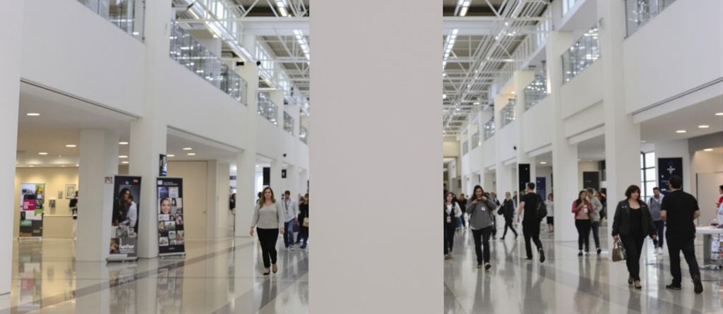 Large banner stand in a spacious exhibition hall.
