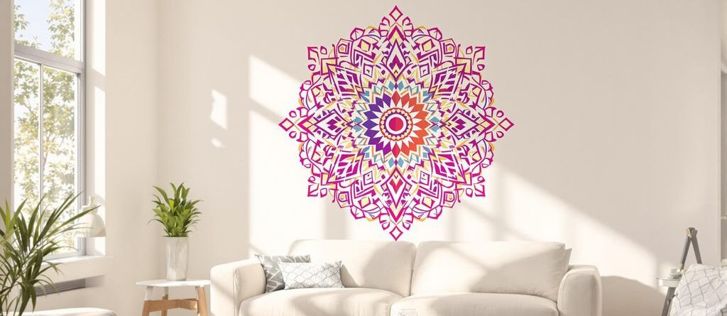 Colorful custom wall sticker transforming a modern living room