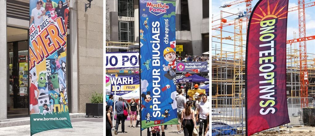 Vibrant outdoor banners, diverse sizes, various settings.