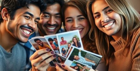 Family smiling, holding printed photos, warm light.