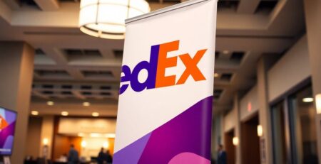 FedEx banner stand in a professional setting.
