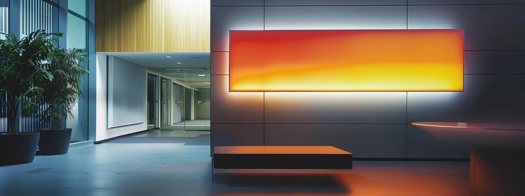 a sleek, modern office setting showcases a vibrant, illuminated custom sign prominently displayed on a minimalist wall, highlighting its strategic role in marketing while conveying professionalism and innovation.