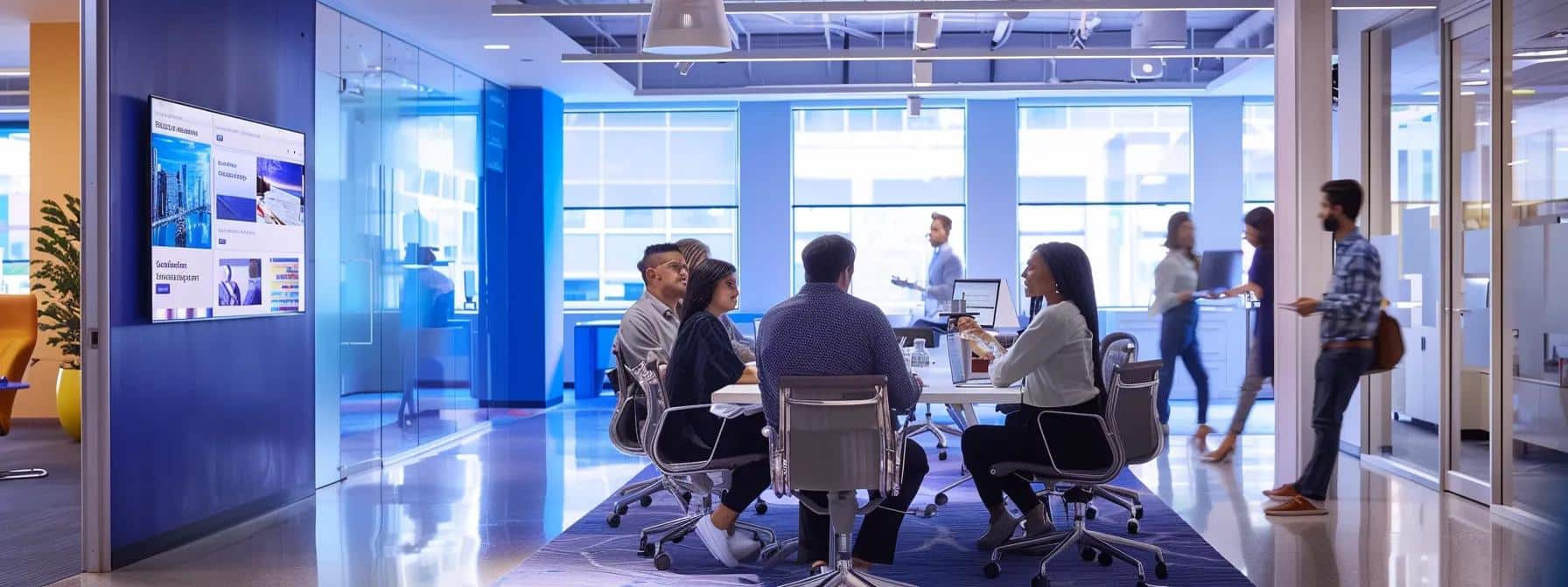 a vibrant office interior showcases a team of professionals collaborating around a sleek conference table, surrounded by eye-catching marketing banners and digital displays that highlight the fast-paced, personalized service they provide to small businesses.