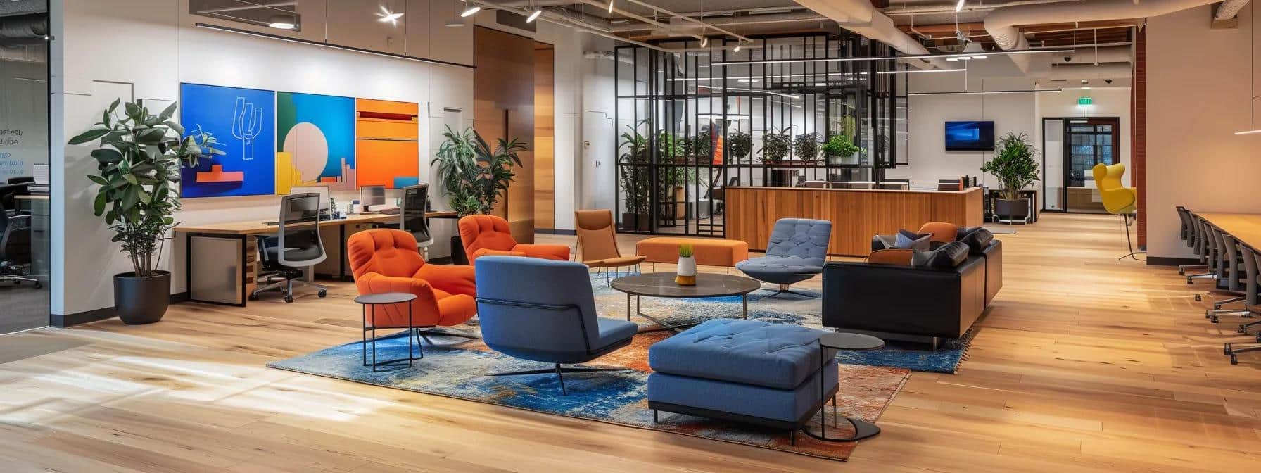 a vibrant office setting showcases a sleek, well-designed vinyl banner featuring bold, high-contrast graphics and clear messaging, capturing the attention of passing customers and embodying a brand's professional identity.