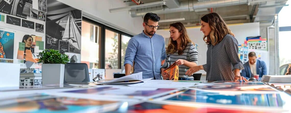 a vibrant urban graphic design studio features a detailed display of custom vinyl banner designs on a sleek conference table, surrounded by professionals discussing material choices, durability, and pricing amidst an energetic, creative atmosphere.