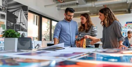 a vibrant urban graphic design studio features a detailed display of custom vinyl banner designs on a sleek conference table, surrounded by professionals discussing material choices, durability, and pricing amidst an energetic, creative atmosphere.