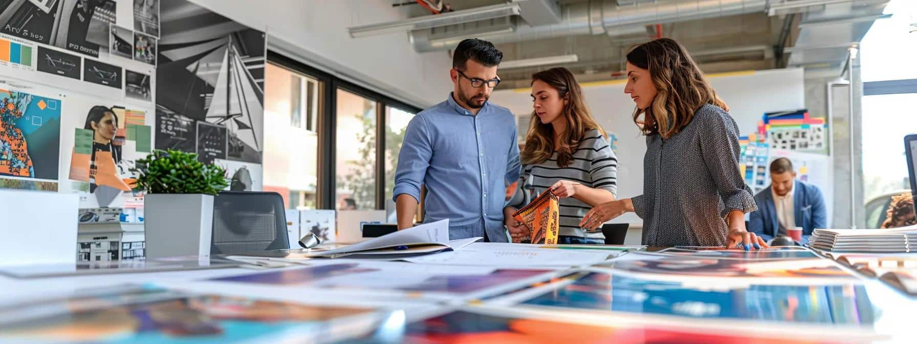 a vibrant urban graphic design studio features a detailed display of custom vinyl banner designs on a sleek conference table, surrounded by professionals discussing material choices, durability, and pricing amidst an energetic, creative atmosphere.