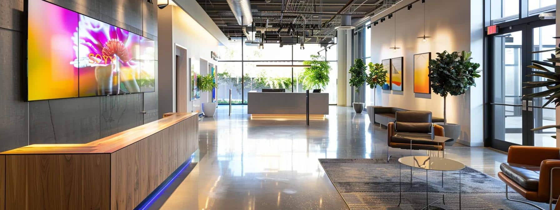 a sleek, modern office space showcases a dynamic digital signage display featuring vibrant, customizable graphics, highlighting the latest trends in custom sign materials and innovative technology.