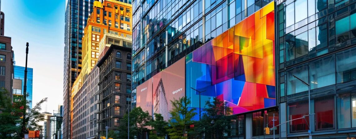 a vibrant urban backdrop showcases a large, glossy vinyl banner prominently displayed on a building, illustrating various sizes and material options with bold graphics, highlighting its suitability for both indoor and outdoor environments.