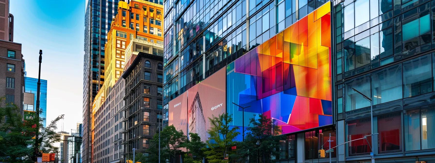 a vibrant urban backdrop showcases a large, glossy vinyl banner prominently displayed on a building, illustrating various sizes and material options with bold graphics, highlighting its suitability for both indoor and outdoor environments.