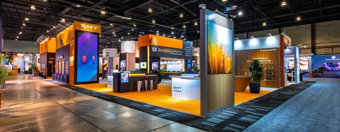 a vibrant urban setting features a sleek trade show booth adorned with various types of eye-catching vinyl banners, showcasing their durability and customization options under bright, focused exhibition lighting.