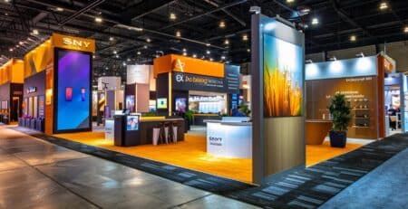 a vibrant urban setting features a sleek trade show booth adorned with various types of eye-catching vinyl banners, showcasing their durability and customization options under bright, focused exhibition lighting.
