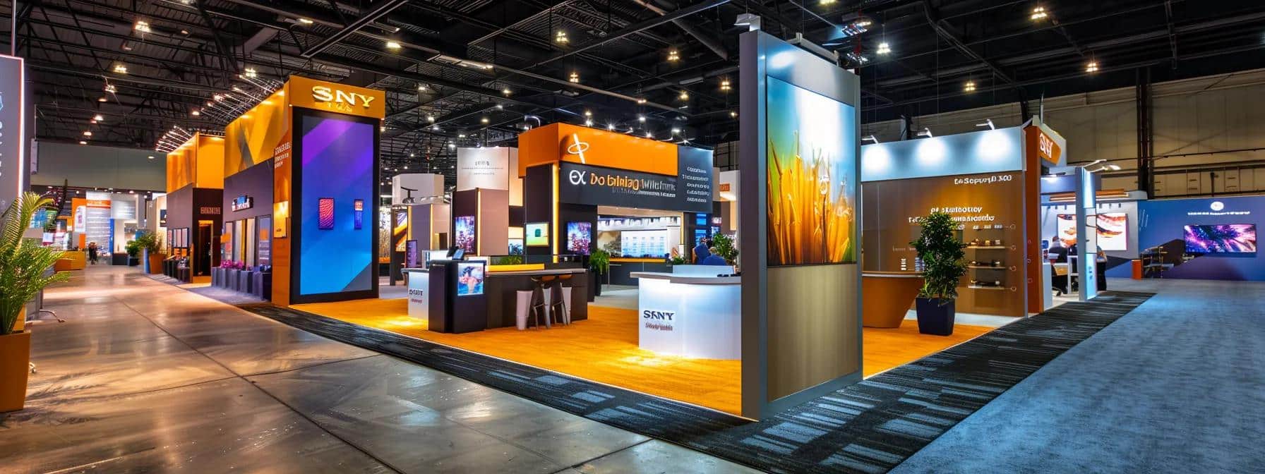 a vibrant urban setting features a sleek trade show booth adorned with various types of eye-catching vinyl banners, showcasing their durability and customization options under bright, focused exhibition lighting.
