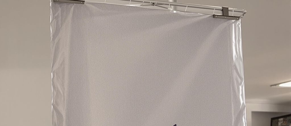 Large banner stand in a professional setting.