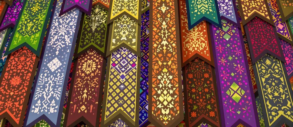Colorful Minecraft banners with diverse patterns.